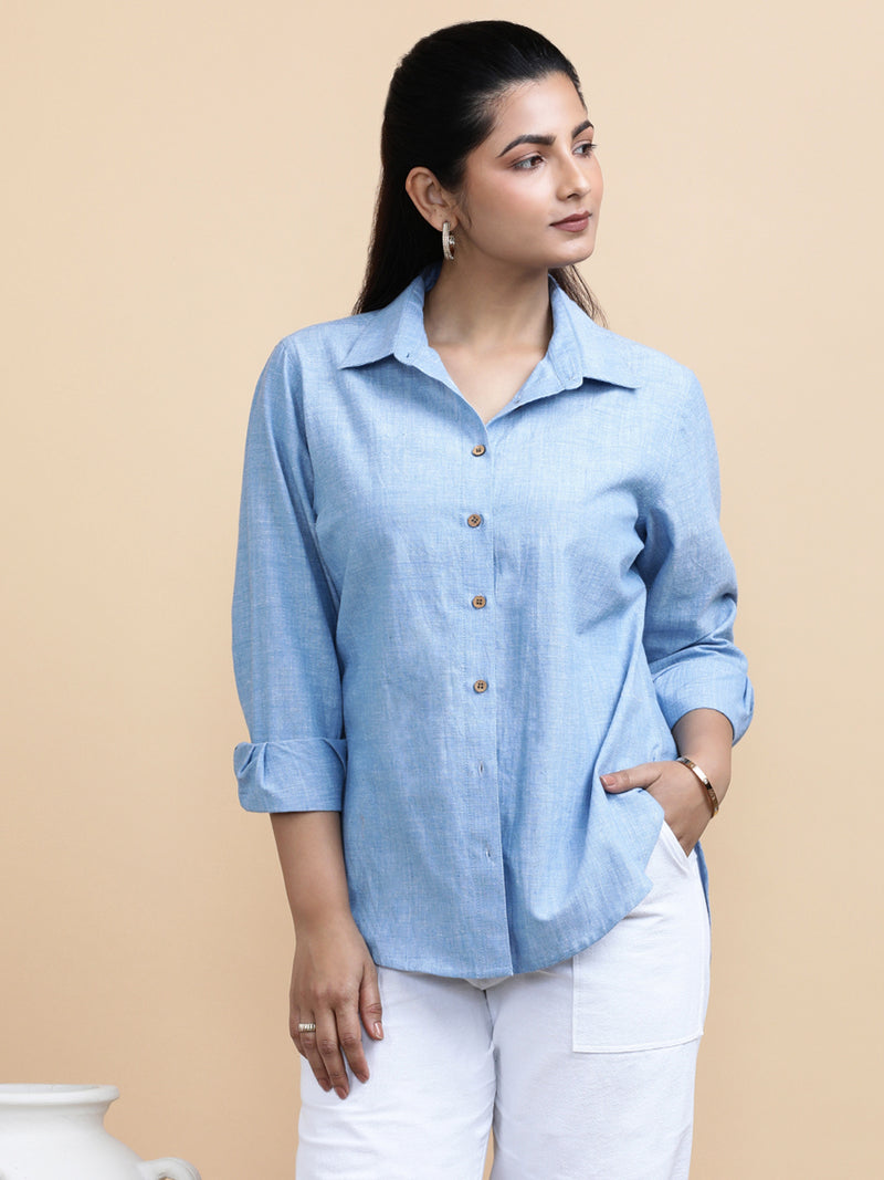 Ellie x Soma | Relaxed Women's Shirt in Sky Loom Handloom Khadi Cotton-Binks