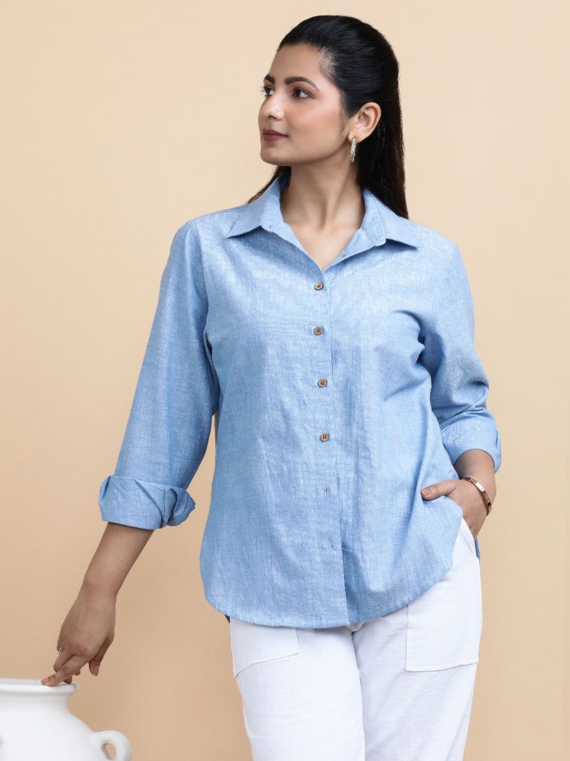 Ellie x Soma | Relaxed Women's Shirt in Sky Loom Handloom Khadi Cotton-Binks