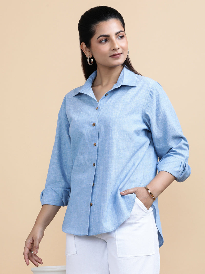 Ellie x Soma | Relaxed Women's Shirt in Sky Loom Handloom Khadi Cotton-Binks