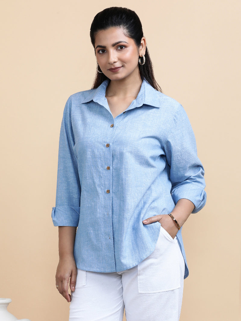 Ellie x Soma | Relaxed Women's Shirt in Sky Loom Handloom Khadi Cotton-Binks