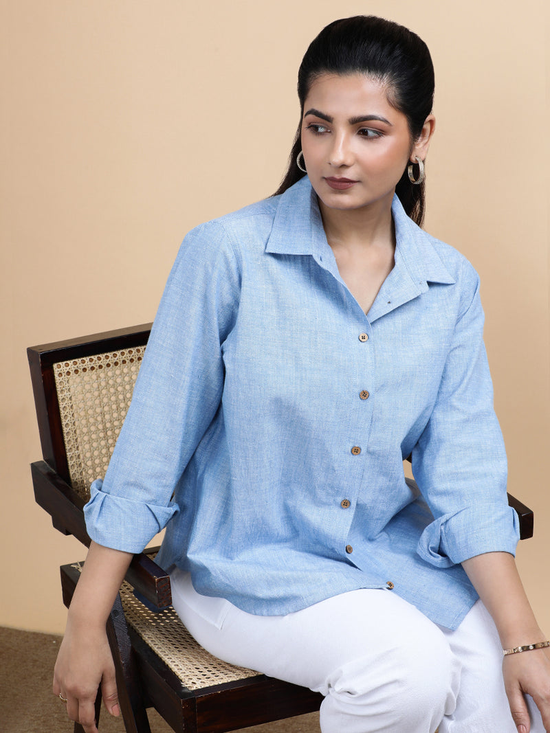 Ellie x Soma | Relaxed Women's Shirt in Sky Loom Handloom Khadi Cotton-Binks