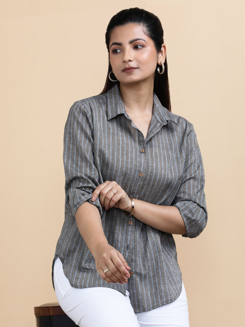 Emily x Soma | Relaxed Women's Shirt in Timber Lines Handloom Khadi Cotton-Binks