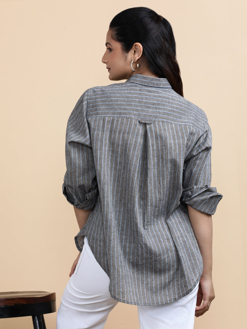 Emily x Soma | Relaxed Women's Shirt in Timber Lines Handloom Khadi Cotton-Binks