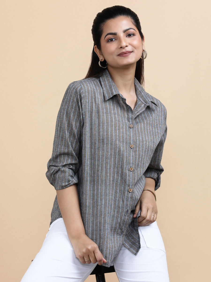 Emily x Soma Shirt, in Black 100% Pure Handloom Khadi Cotton, featuring full sleeves and regular collar neckline (view 3).