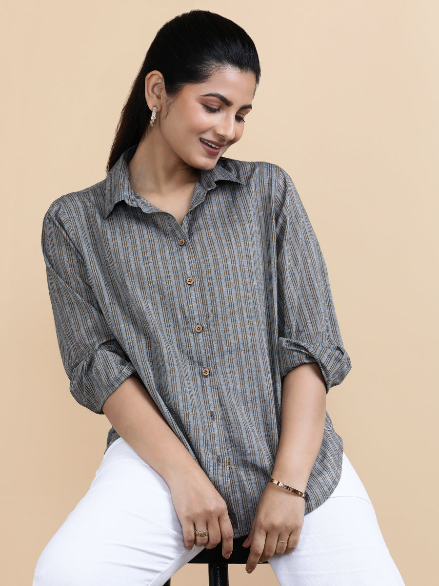 Emily x Soma Shirt, in Black 100% Pure Handloom Khadi Cotton, featuring full sleeves and regular collar neckline (view 4).
