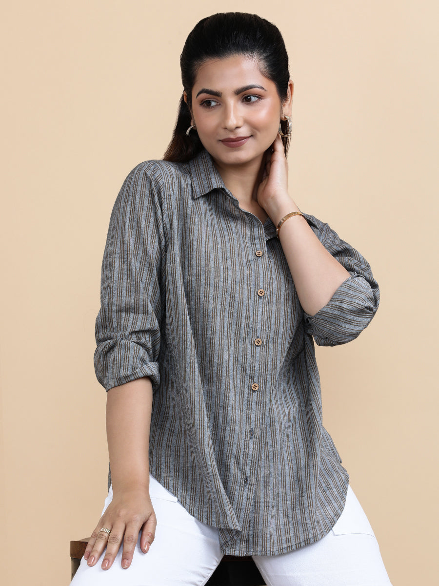 Emily x Soma Shirt, in Black 100% Pure Handloom Khadi Cotton, featuring full sleeves and regular collar neckline (view 5).