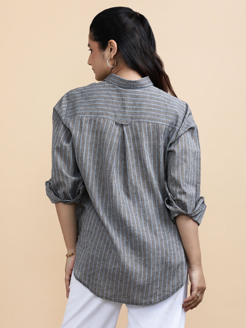 Emily x Soma | Relaxed Women's Shirt in Timber Lines Handloom Khadi Cotton-Binks