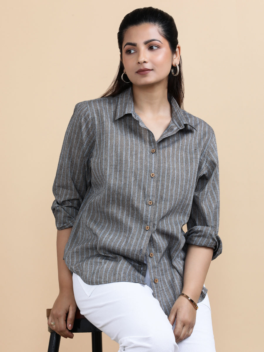 Emily x Soma Shirt, in Black 100% Pure Handloom Khadi Cotton, featuring full sleeves and regular collar neckline (view 7).