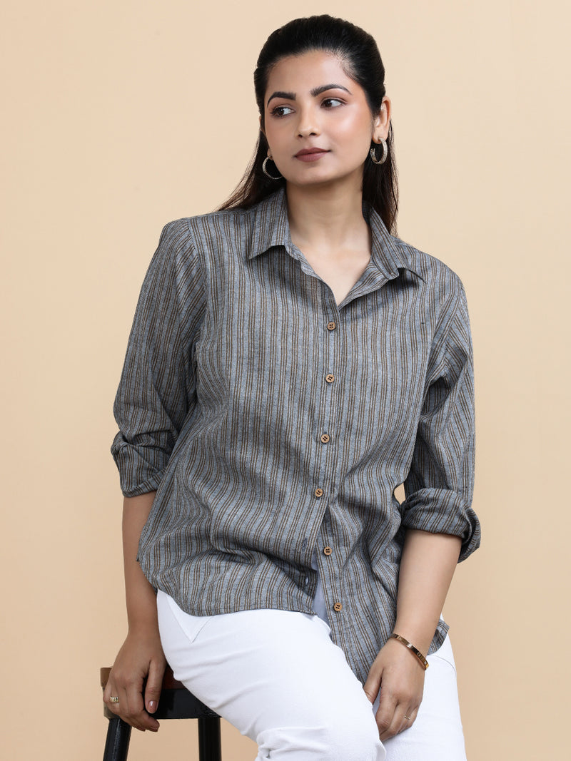 Emily x Soma | Relaxed Women's Shirt in Timber Lines Handloom Khadi Cotton-Binks