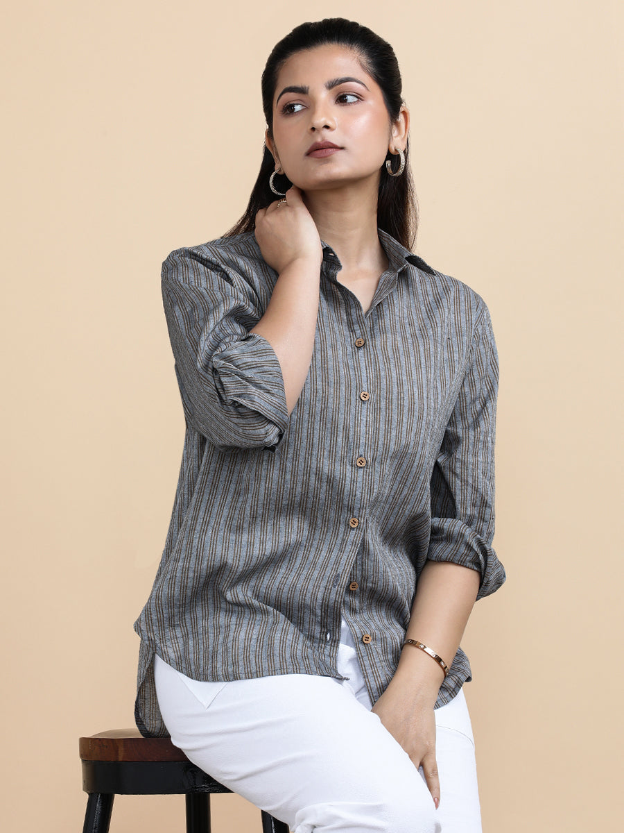 Emily x Soma Shirt, in Black 100% Pure Handloom Khadi Cotton, featuring full sleeves and regular collar neckline (view 8).