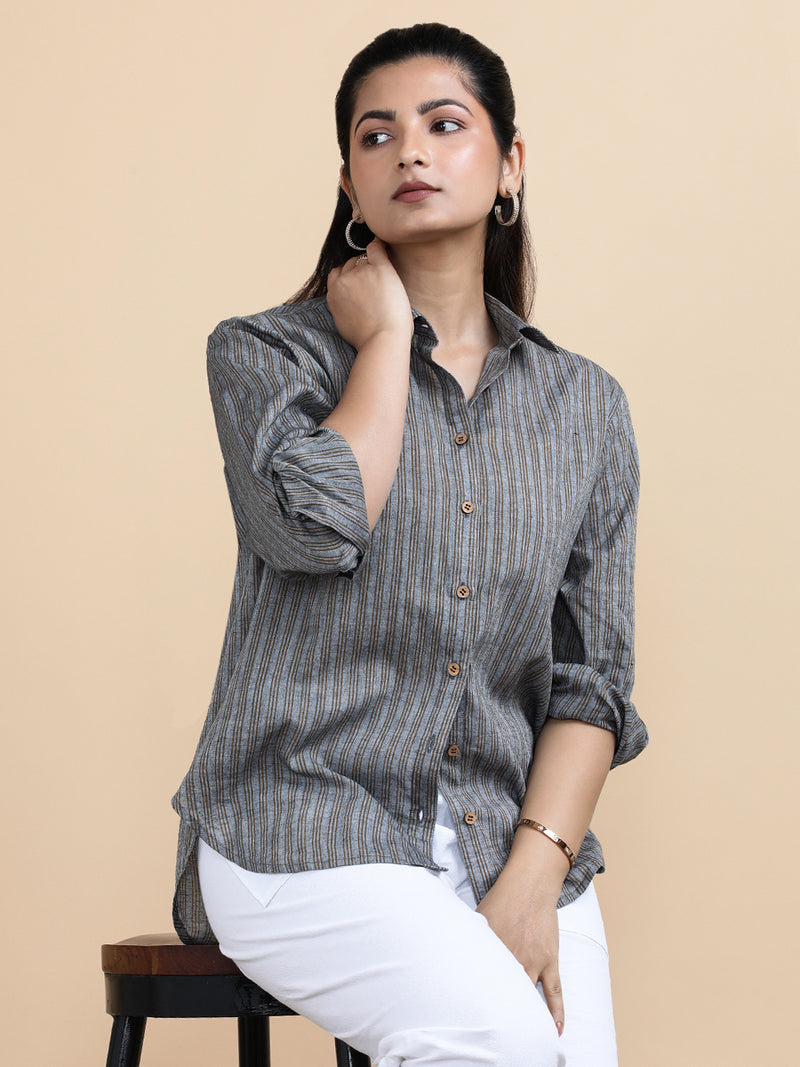 Emily x Soma | Relaxed Women's Shirt in Timber Lines Handloom Khadi Cotton-Binks