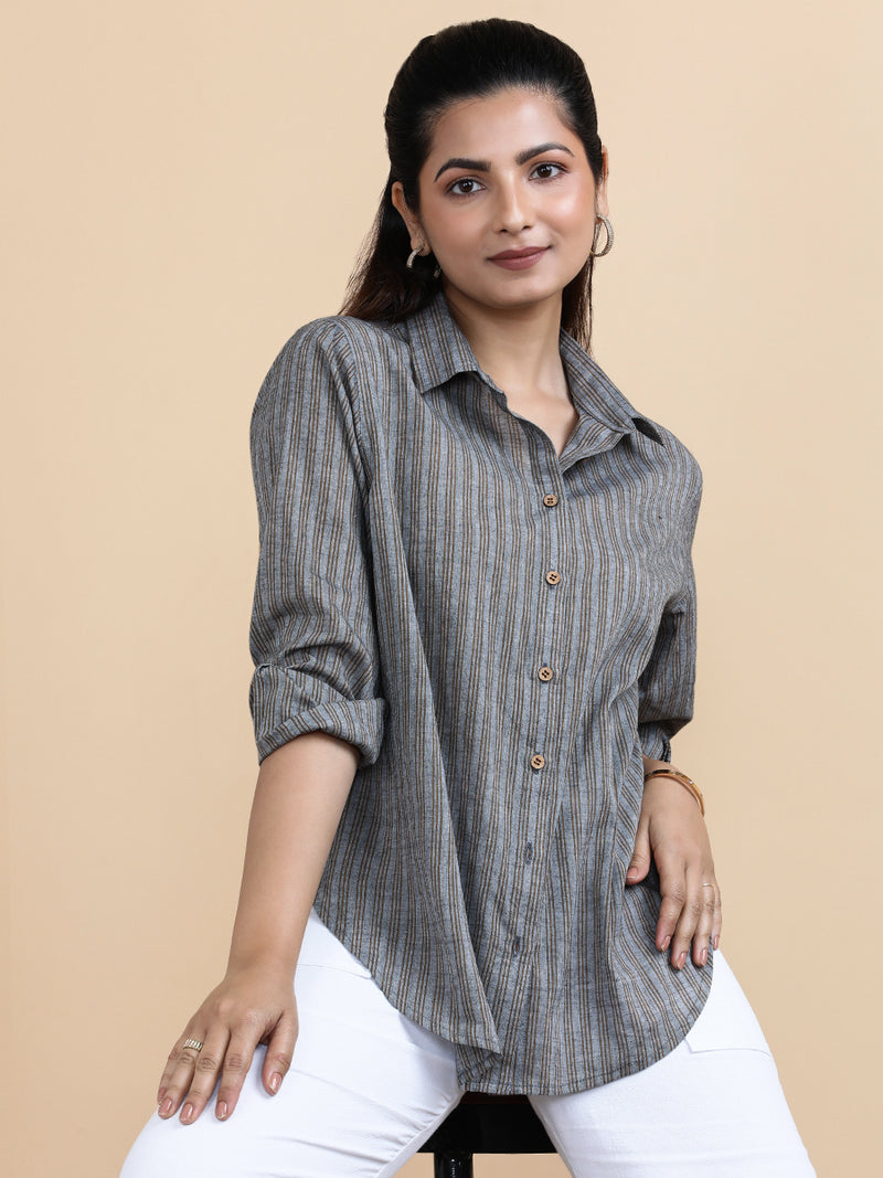 Emily x Soma | Relaxed Women's Shirt in Timber Lines Handloom Khadi Cotton-Binks
