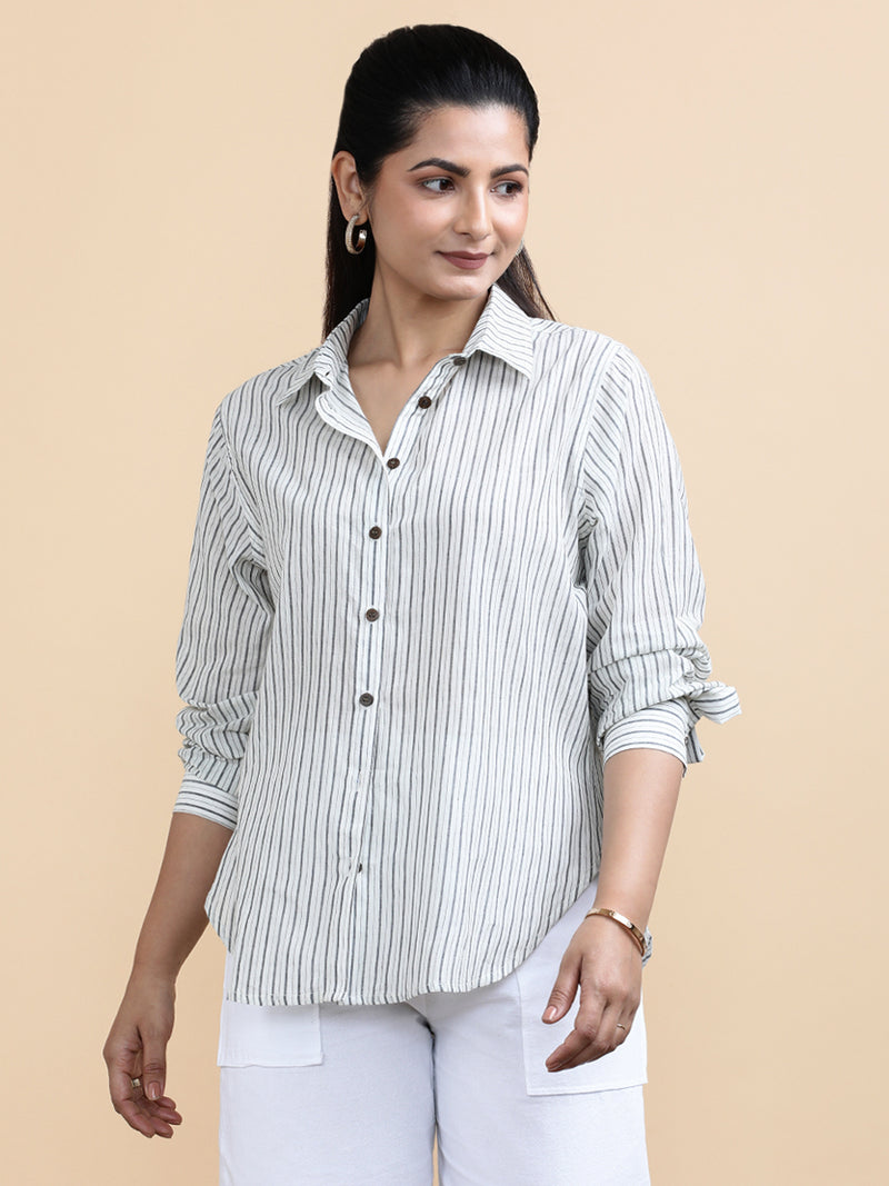 Emma x Soma | Relaxed Women's Shirt in Urban Stripes Handloom Khadi Cotton-Binks