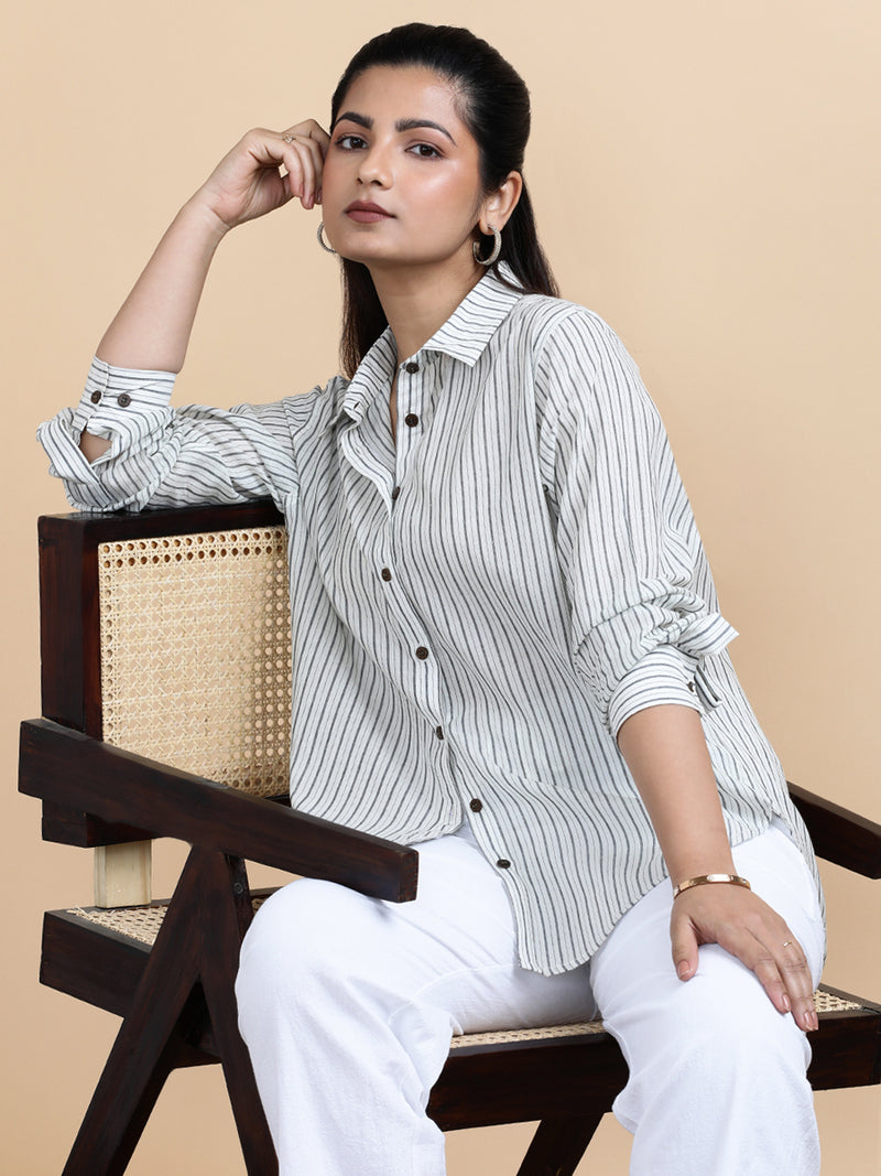 Emma x Soma | Relaxed Women's Shirt in Urban Stripes Handloom Khadi Cotton-Binks