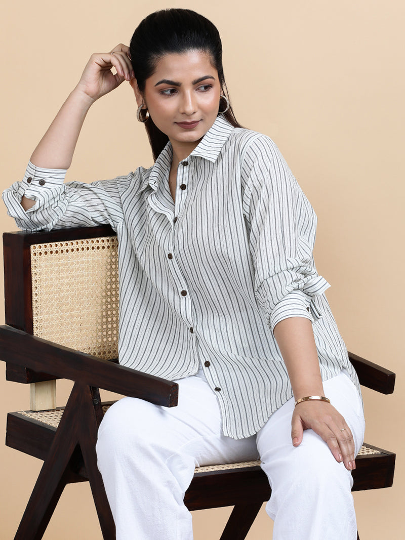 Emma x Soma | Relaxed Women's Shirt in Urban Stripes Handloom Khadi Cotton-Binks
