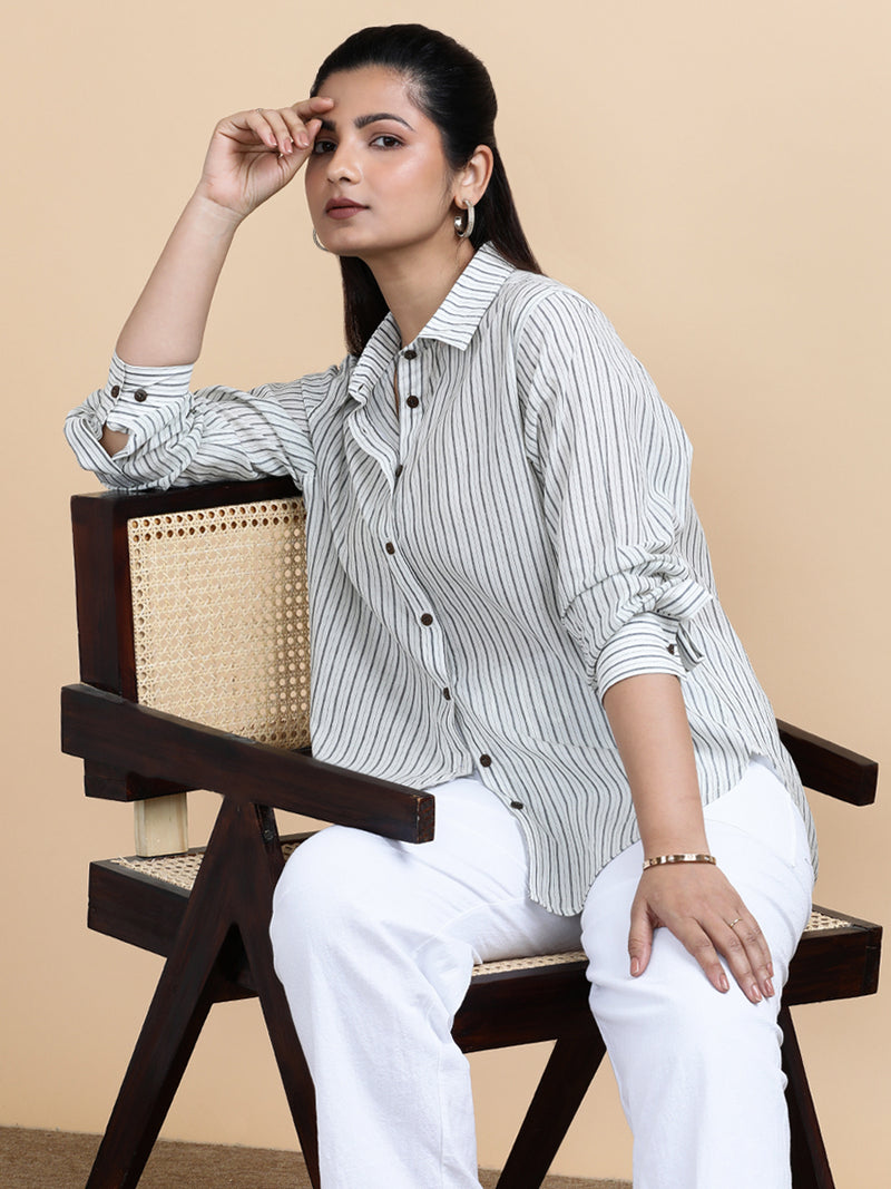 Emma x Soma | Relaxed Women's Shirt in Urban Stripes Handloom Khadi Cotton-Binks