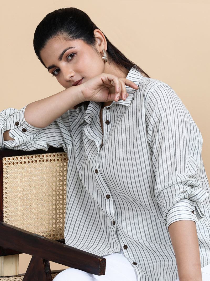 Emma x Soma | Relaxed Women's Shirt in Urban Stripes Handloom Khadi Cotton-Binks
