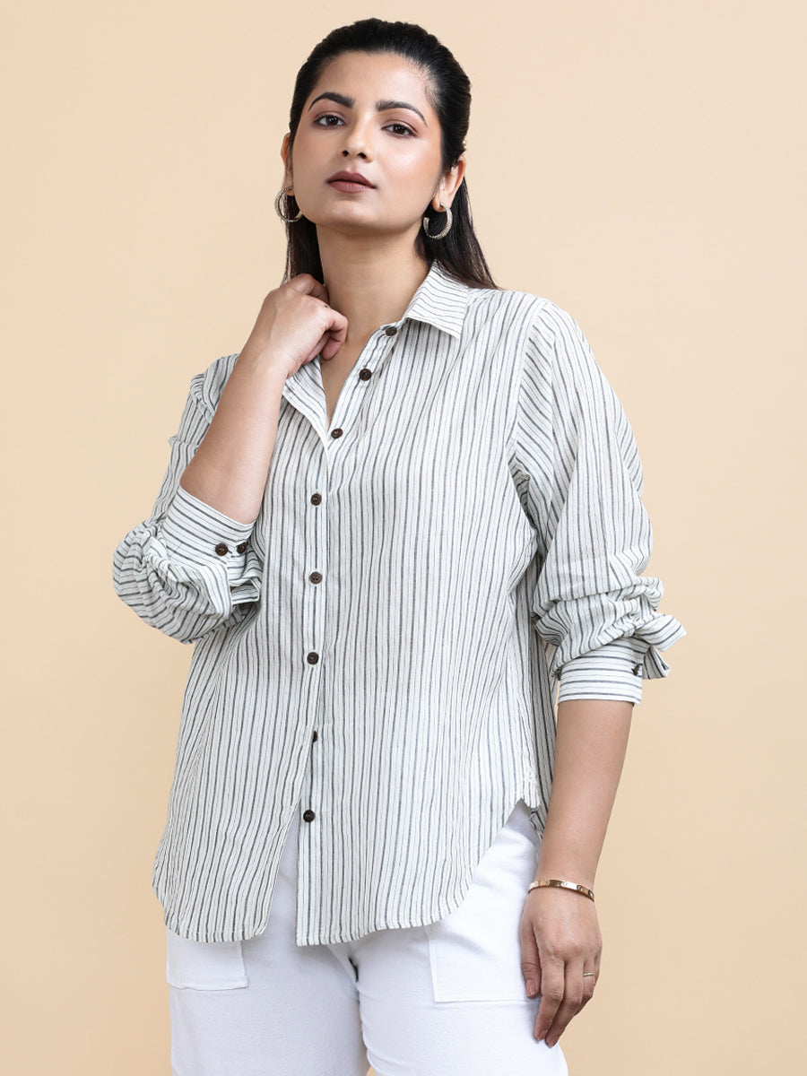 Emma x Soma Shirt, in White 100% Pure Handloom Khadi Cotton, featuring full sleeves and regular collar neckline (view 3).