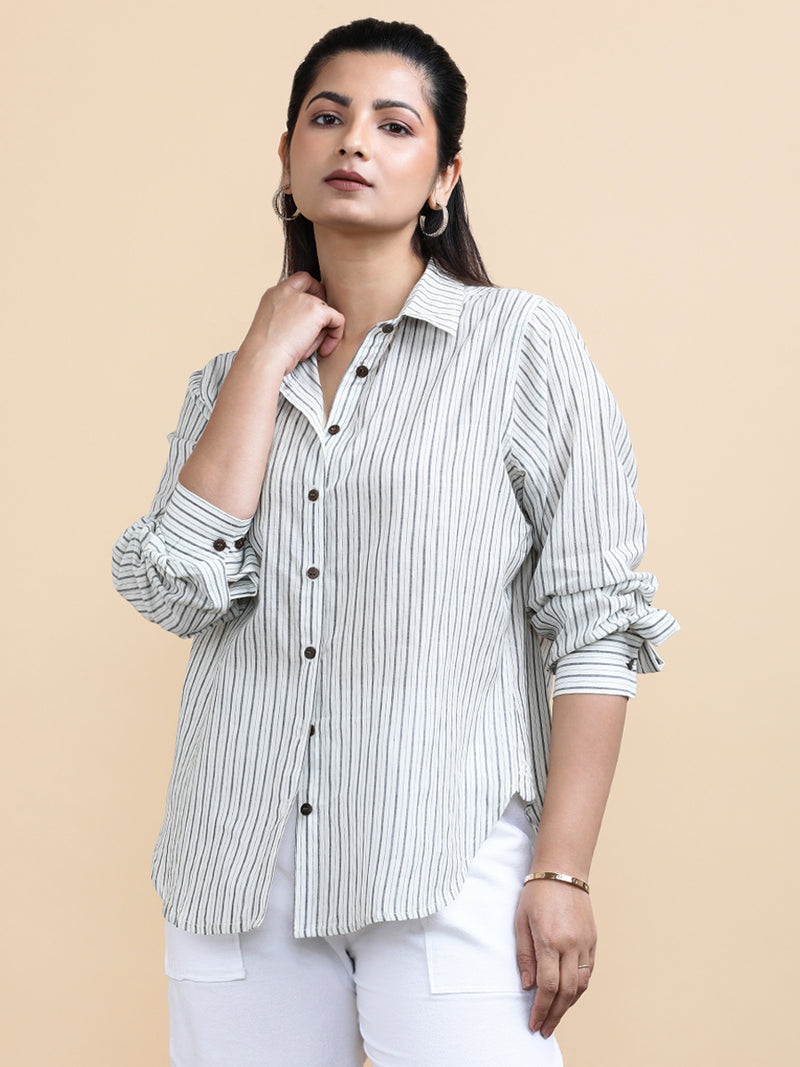 Emma x Soma | Relaxed Women's Shirt in Urban Stripes Handloom Khadi Cotton-Binks