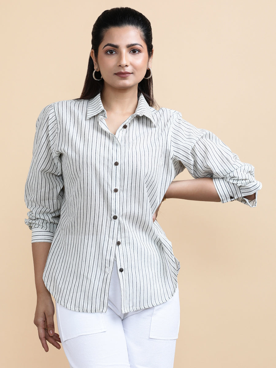 Emma x Soma Shirt, in White 100% Pure Handloom Khadi Cotton, featuring full sleeves and regular collar neckline (view 4).