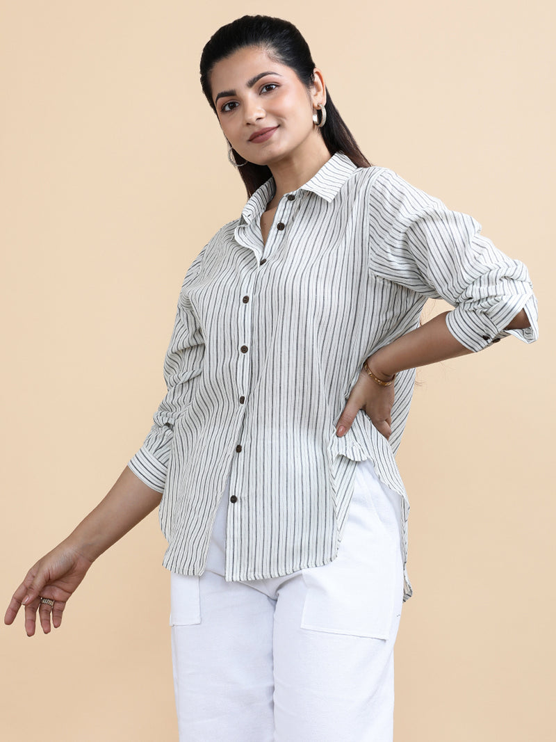 Emma x Soma | Relaxed Women's Shirt in Urban Stripes Handloom Khadi Cotton-Binks
