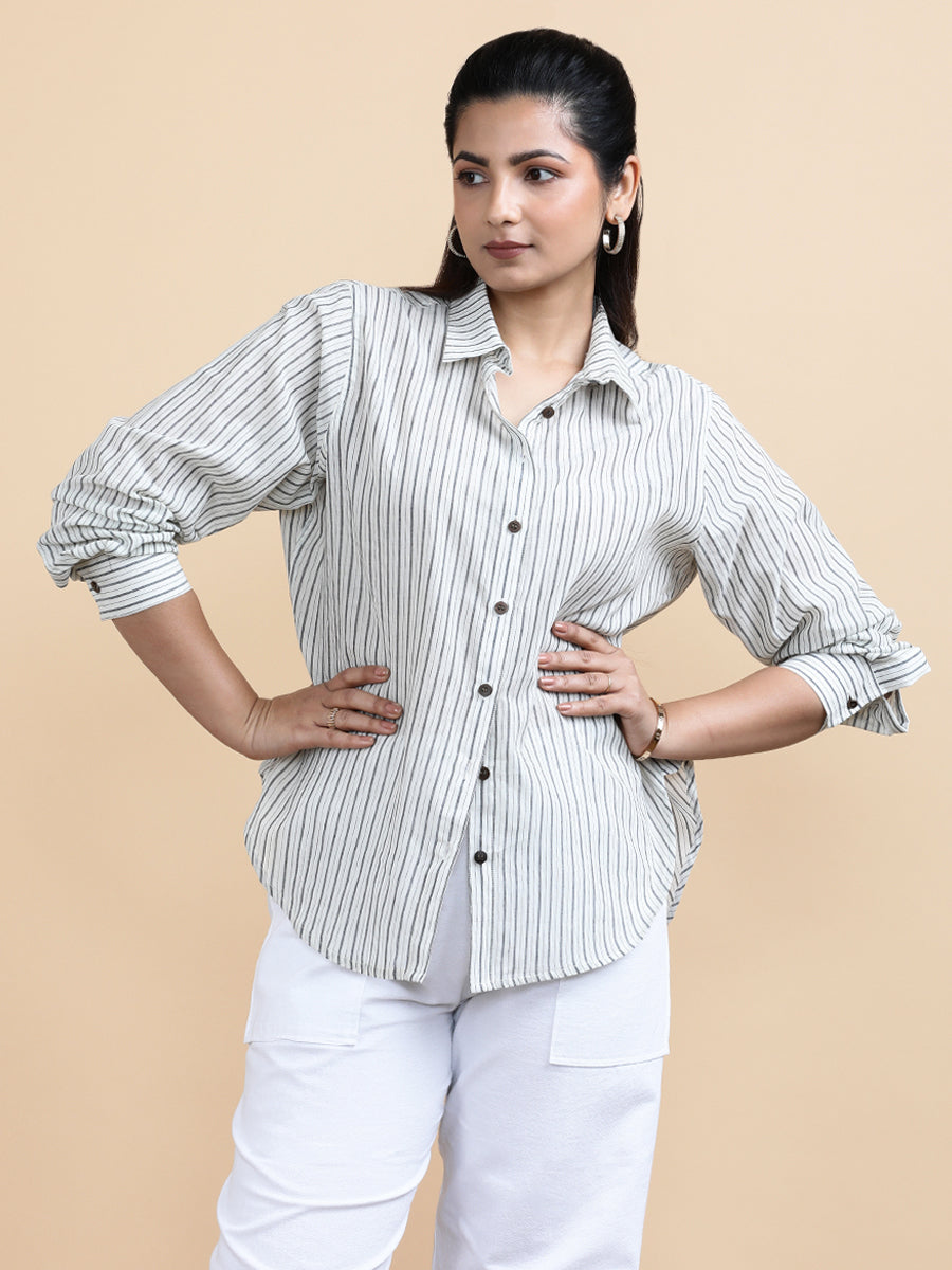 Emma x Soma Shirt, in White 100% Pure Handloom Khadi Cotton, featuring full sleeves and regular collar neckline (view 6).