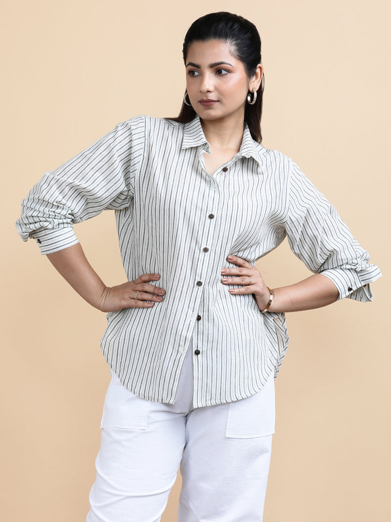 Emma x Soma | Relaxed Women's Shirt in Urban Stripes Handloom Khadi Cotton-Binks