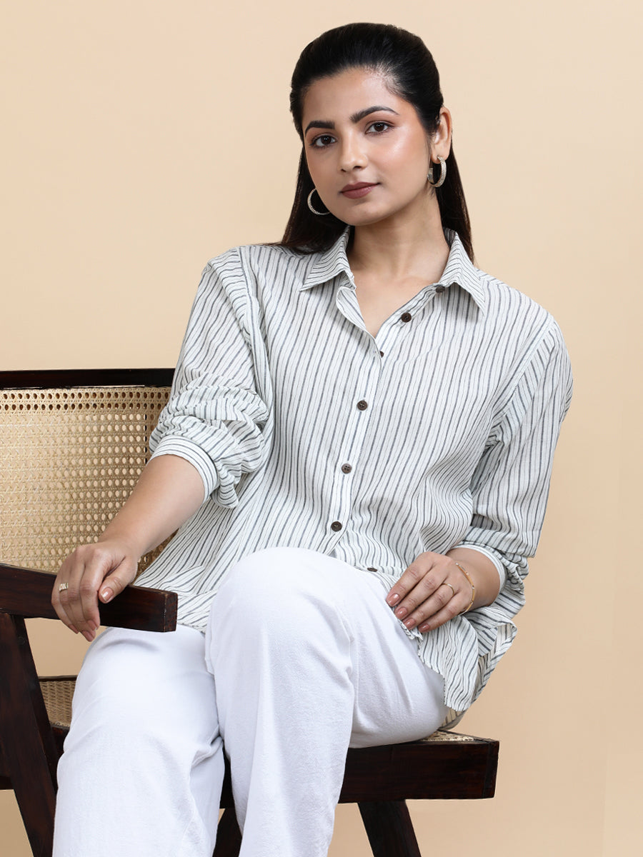 Emma x Soma Shirt, in White 100% Pure Handloom Khadi Cotton, featuring full sleeves and regular collar neckline (view 7).