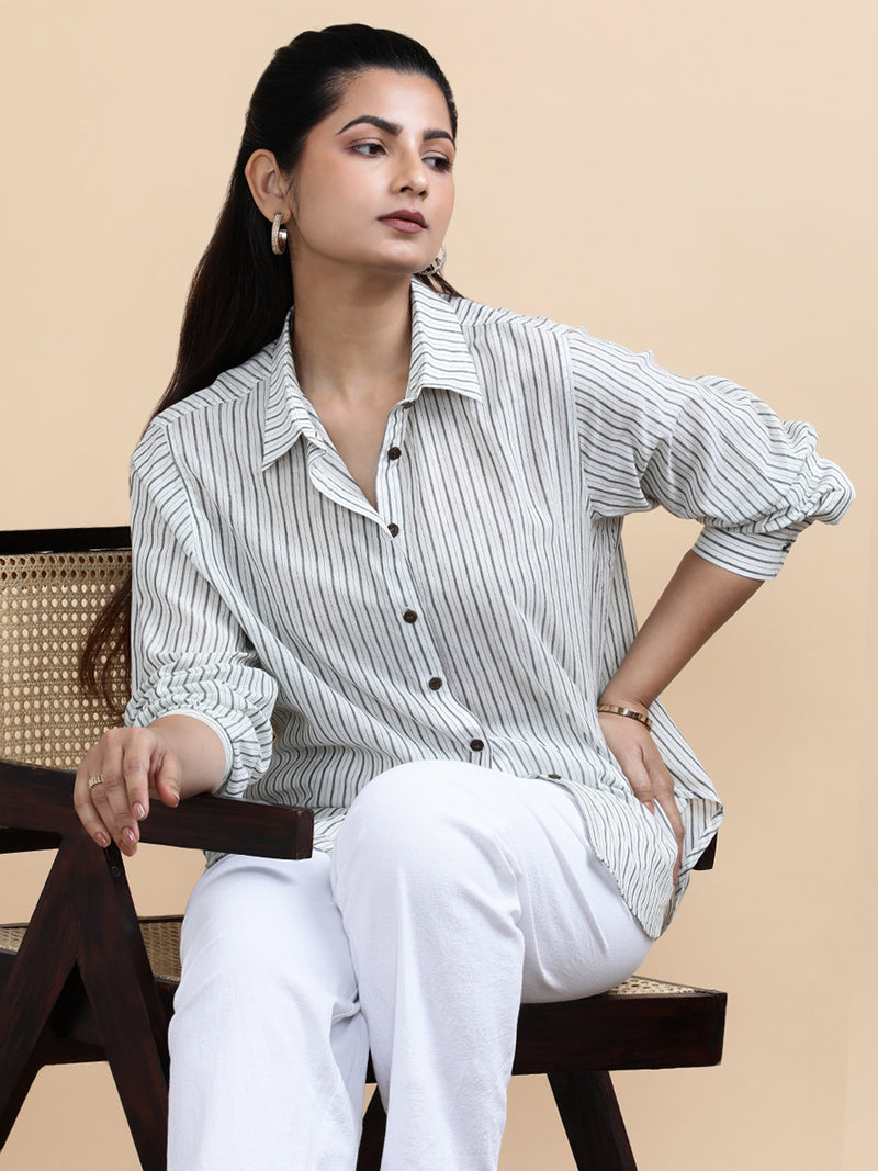 Emma x Soma | Relaxed Women's Shirt in Urban Stripes Handloom Khadi Cotton-Binks