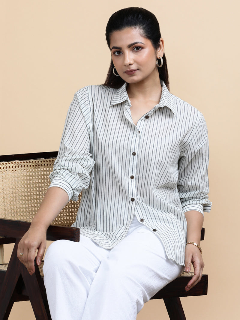 Emma x Soma | Relaxed Women's Shirt in Urban Stripes Handloom Khadi Cotton-Binks