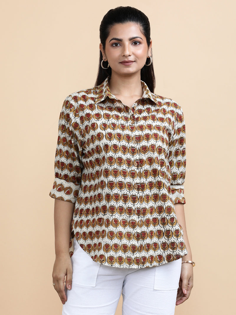 Gabrielle x Soma | Relaxed Women's Shirt in Cream Floral Block Print Cotton-Binks