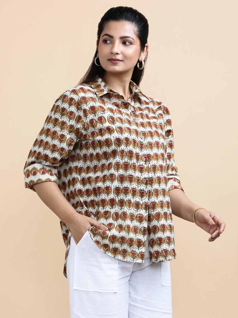 Gabrielle x Soma | Relaxed Women's Shirt in Cream Floral Block Print Cotton-Binks