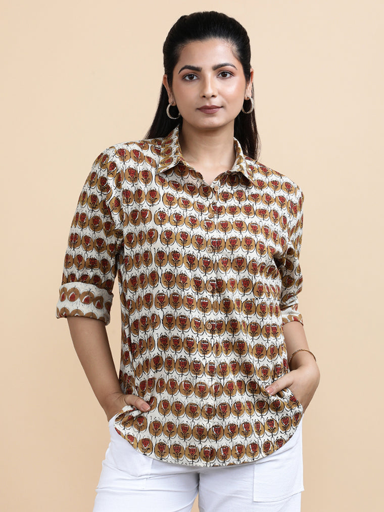 Gabrielle x Soma Shirt, in Cream 100% Cotton, featuring full sleeves and regular collar neckline, made for daily & work.