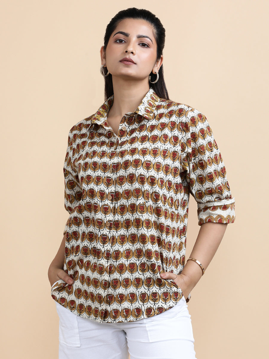 Gabrielle x Soma Shirt, in Cream 100% Cotton, featuring full sleeves and regular collar neckline, made for daily & work.