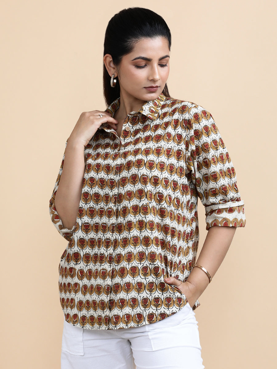 Gabrielle x Soma Shirt, in Cream 100% Cotton, featuring full sleeves and regular collar neckline, made for daily & work.