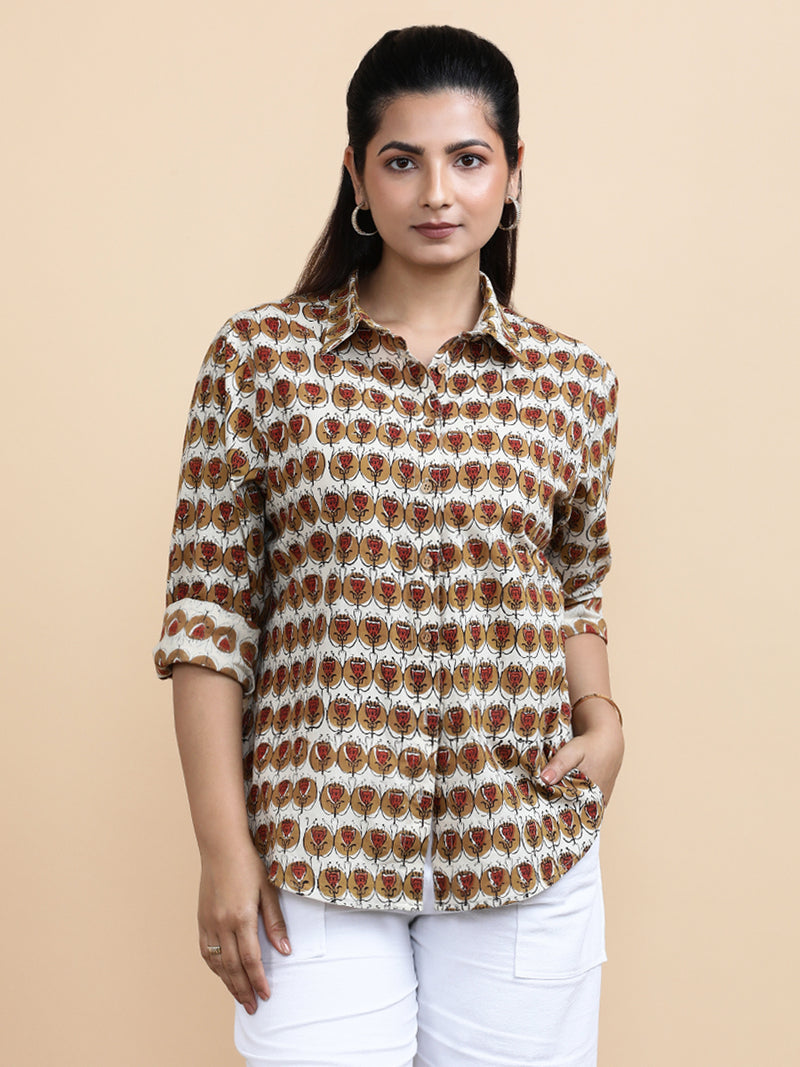 Gabrielle x Soma | Relaxed Women's Shirt in Cream Floral Block Print Cotton-Binks