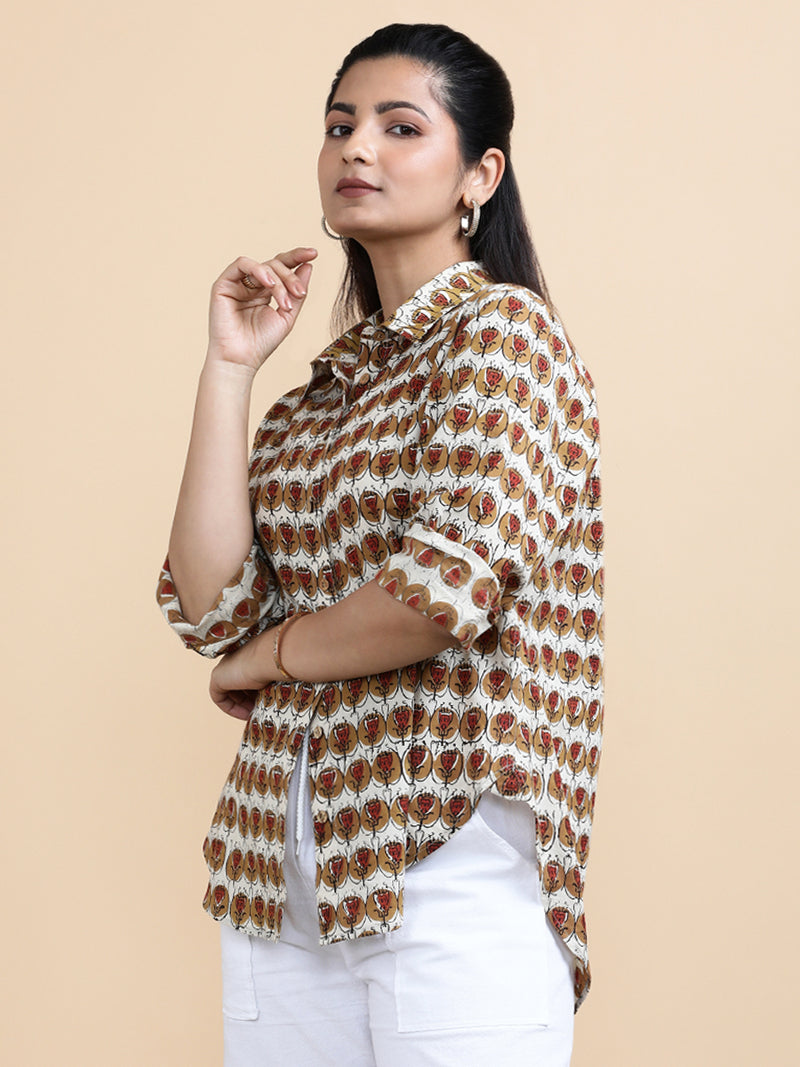 Gabrielle x Soma | Relaxed Women's Shirt in Cream Floral Block Print Cotton-Binks