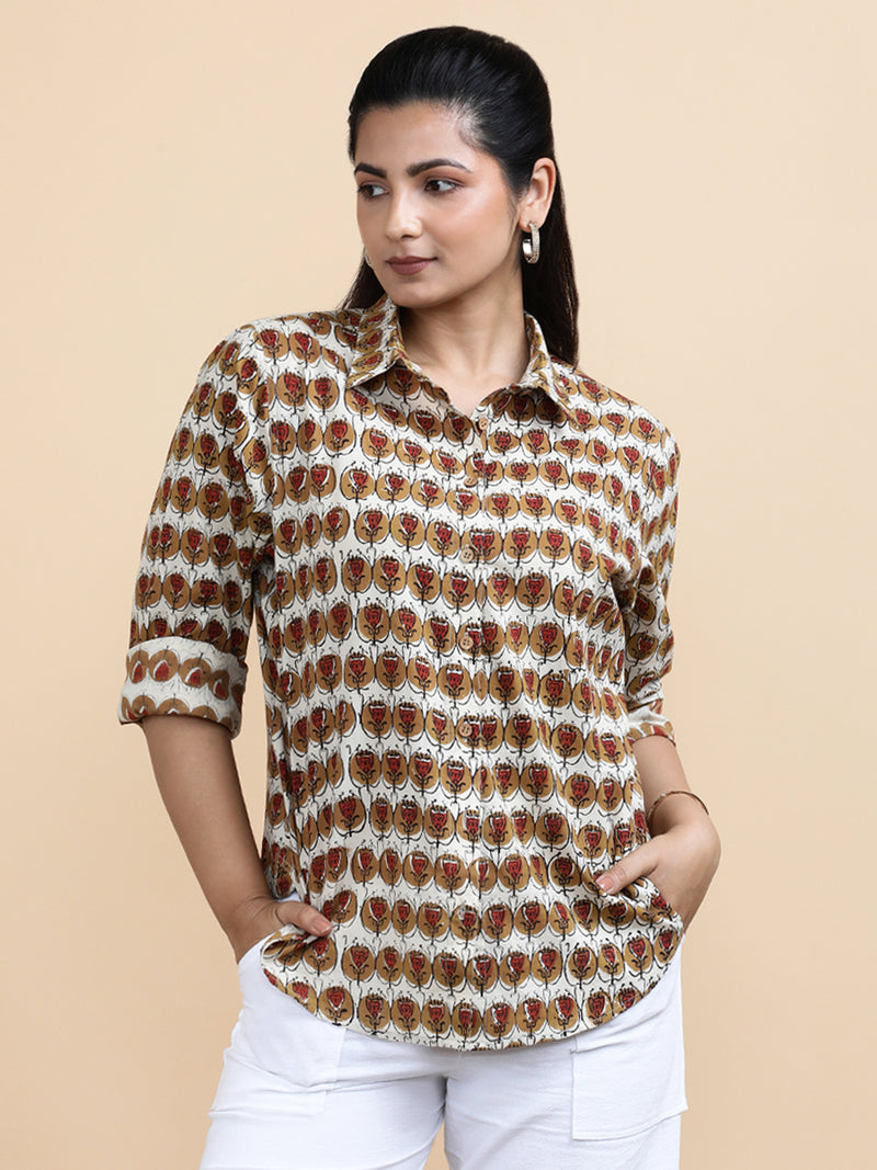 Gabrielle x Soma | Relaxed Women's Shirt in Cream Floral Block Print Cotton-Binks