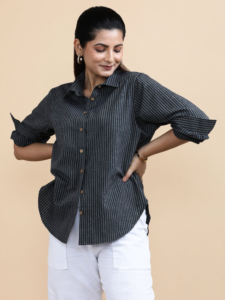Harper x Soma Shirt, in Black 100% Pure Handloom Khadi Cotton, featuring full sleeves and regular collar neckline.