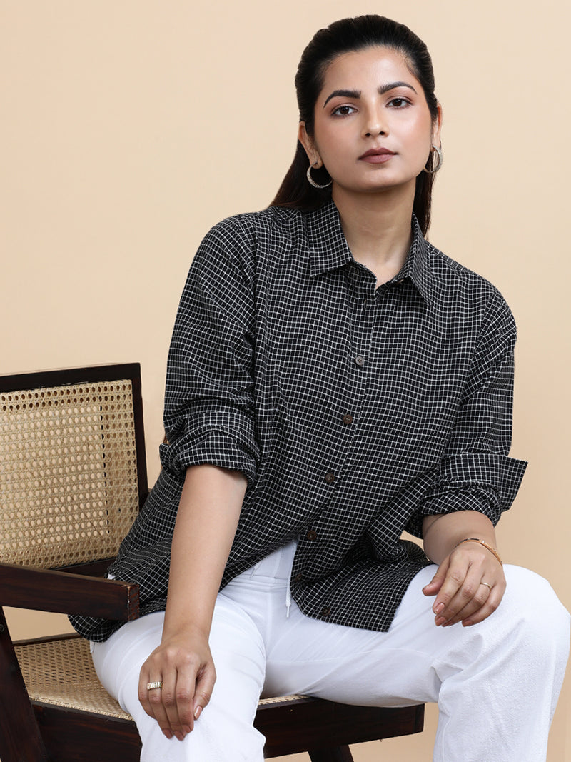 Harper x Soma | Relaxed Women's Shirt in Black & White Grid Checks Handloom Khadi Cotton-Binks