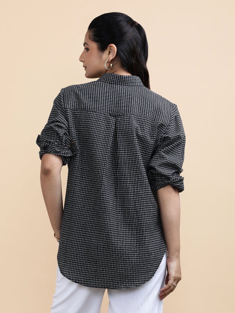 Harper x Soma Shirt, in Black 100% Pure Handloom Khadi Cotton, featuring full sleeves and regular collar neckline (view 2).