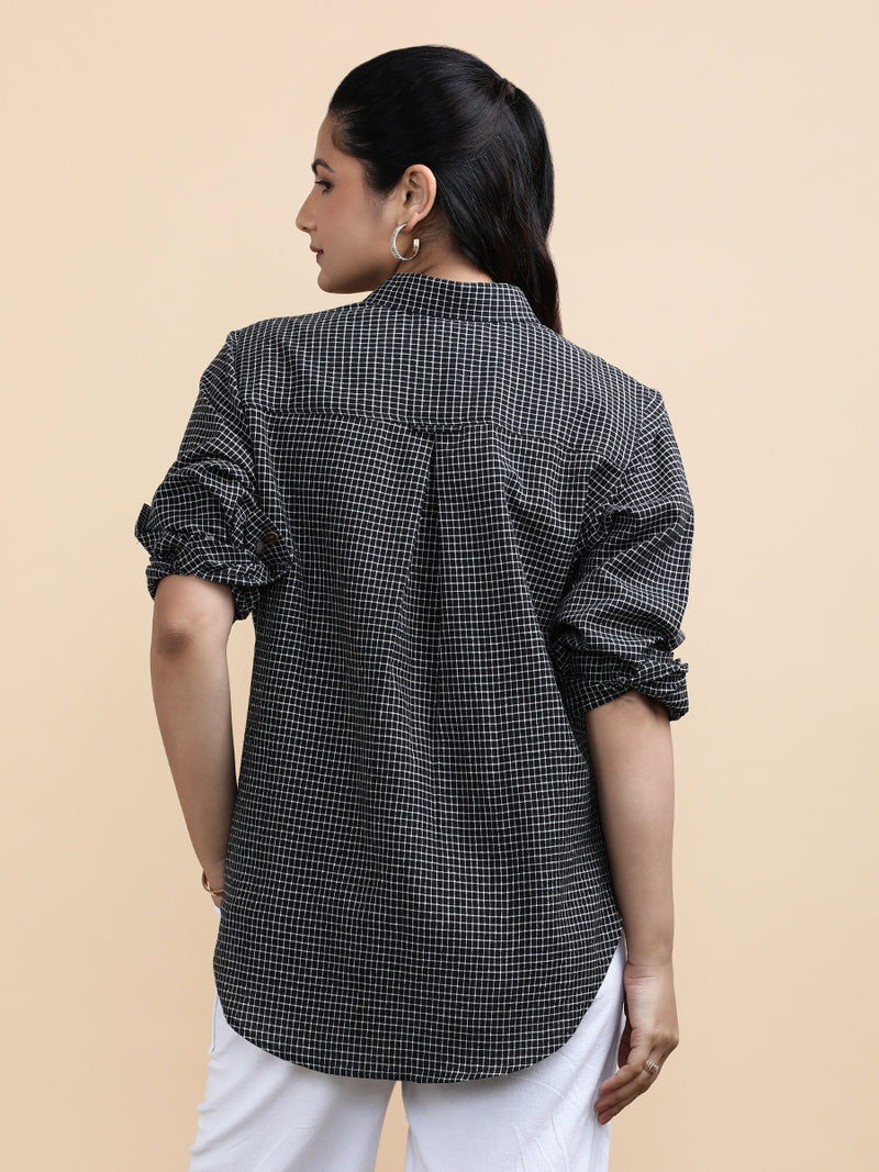 Harper x Soma | Relaxed Women's Shirt in Black & White Grid Checks Handloom Khadi Cotton-Binks