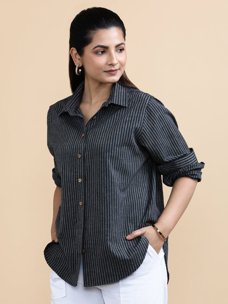 Harper x Soma | Relaxed Women's Shirt in Black & White Grid Checks Handloom Khadi Cotton-Binks