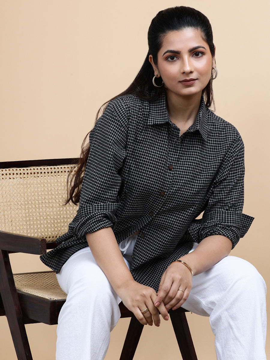 Harper x Soma Shirt, in Black 100% Pure Handloom Khadi Cotton, featuring full sleeves and regular collar neckline (view 5).