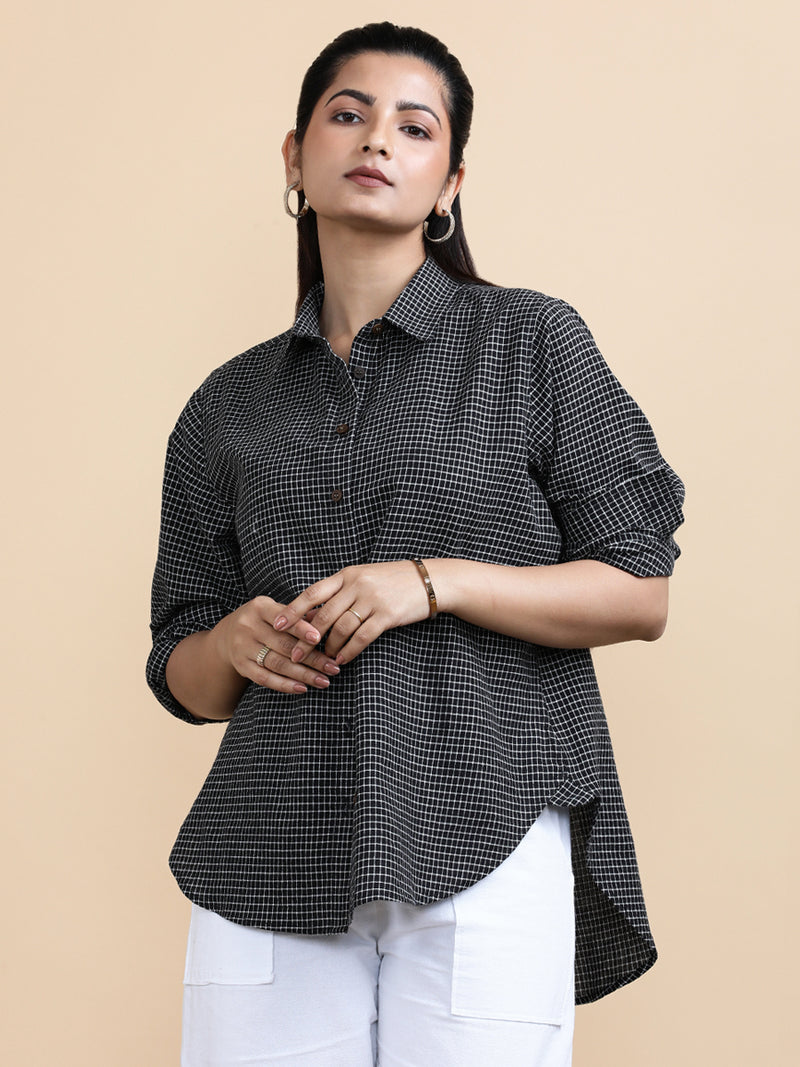 Harper x Soma | Relaxed Women's Shirt in Black & White Grid Checks Handloom Khadi Cotton-Binks