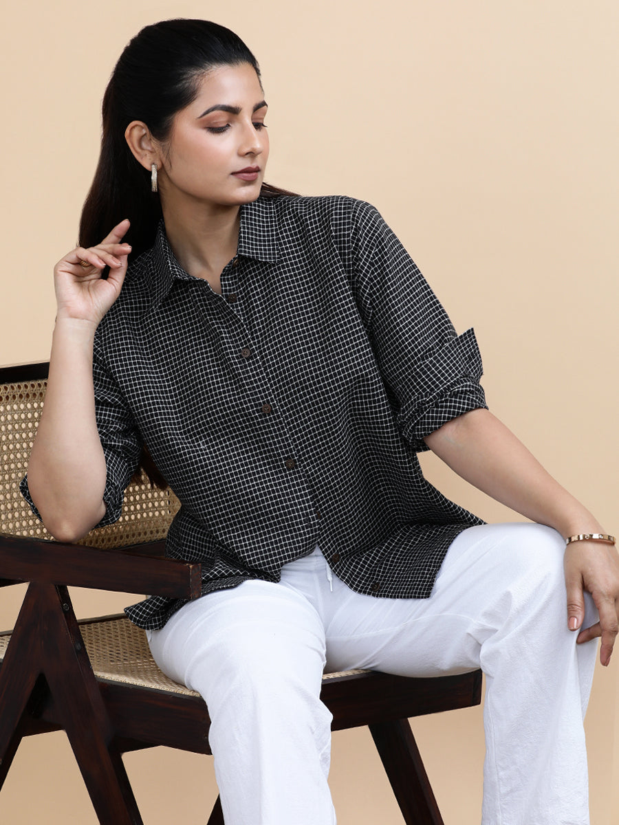 Harper x Soma Shirt, in Black 100% Pure Handloom Khadi Cotton, featuring full sleeves and regular collar neckline (view 7).