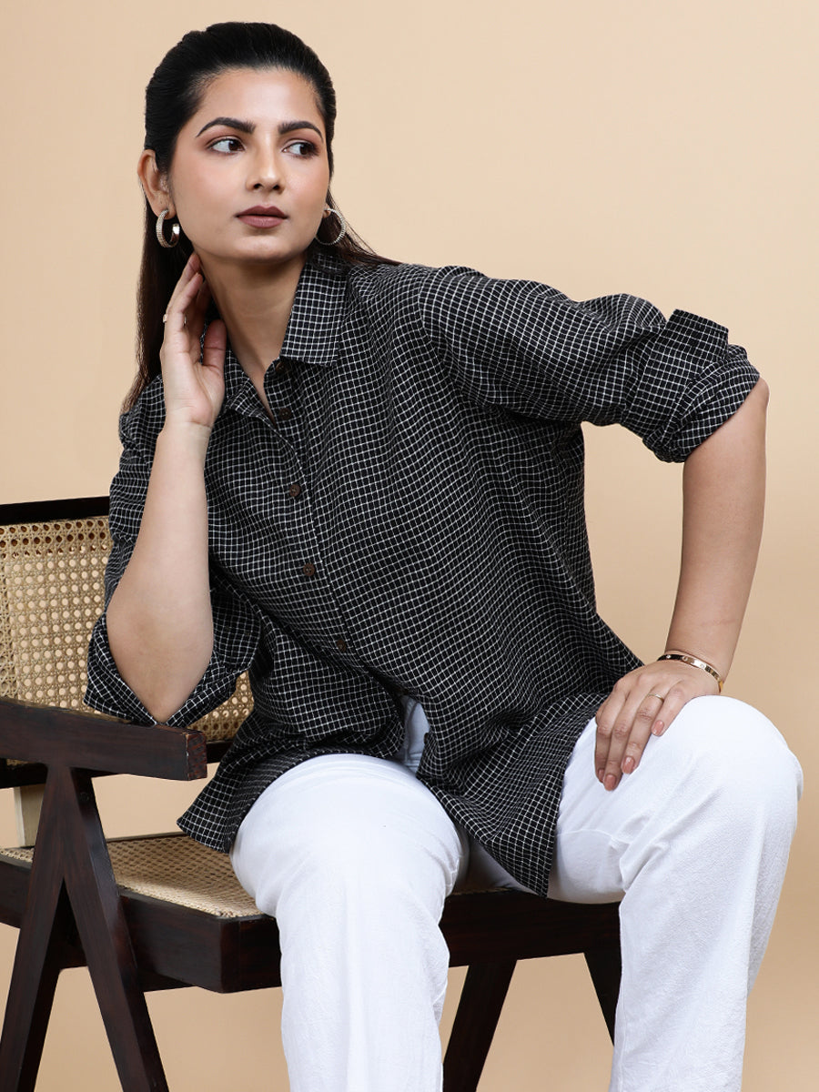 Harper x Soma Shirt, in Black 100% Pure Handloom Khadi Cotton, featuring full sleeves and regular collar neckline (view 8).