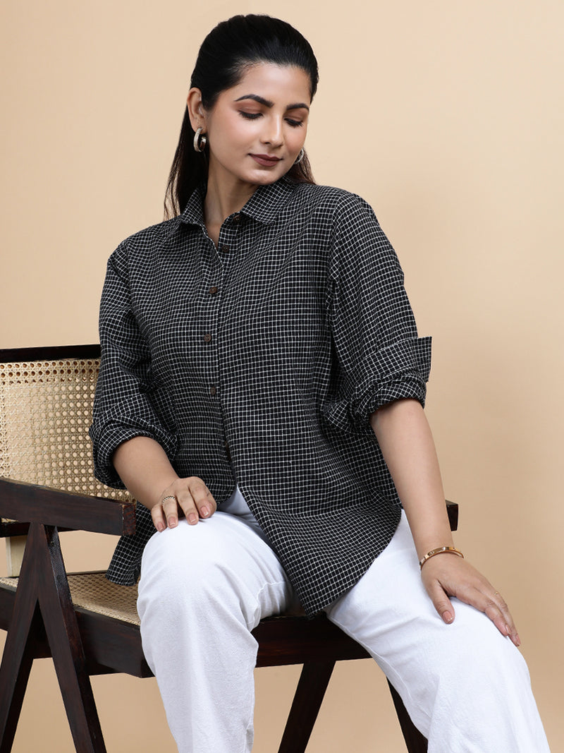 Harper x Soma | Relaxed Women's Shirt in Black & White Grid Checks Handloom Khadi Cotton-Binks