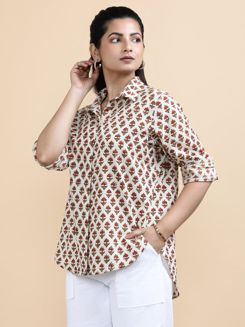 Hazel x Soma | Relaxed Women's Shirt in Tulip Bloom Cream Block Print Cotton-Binks
