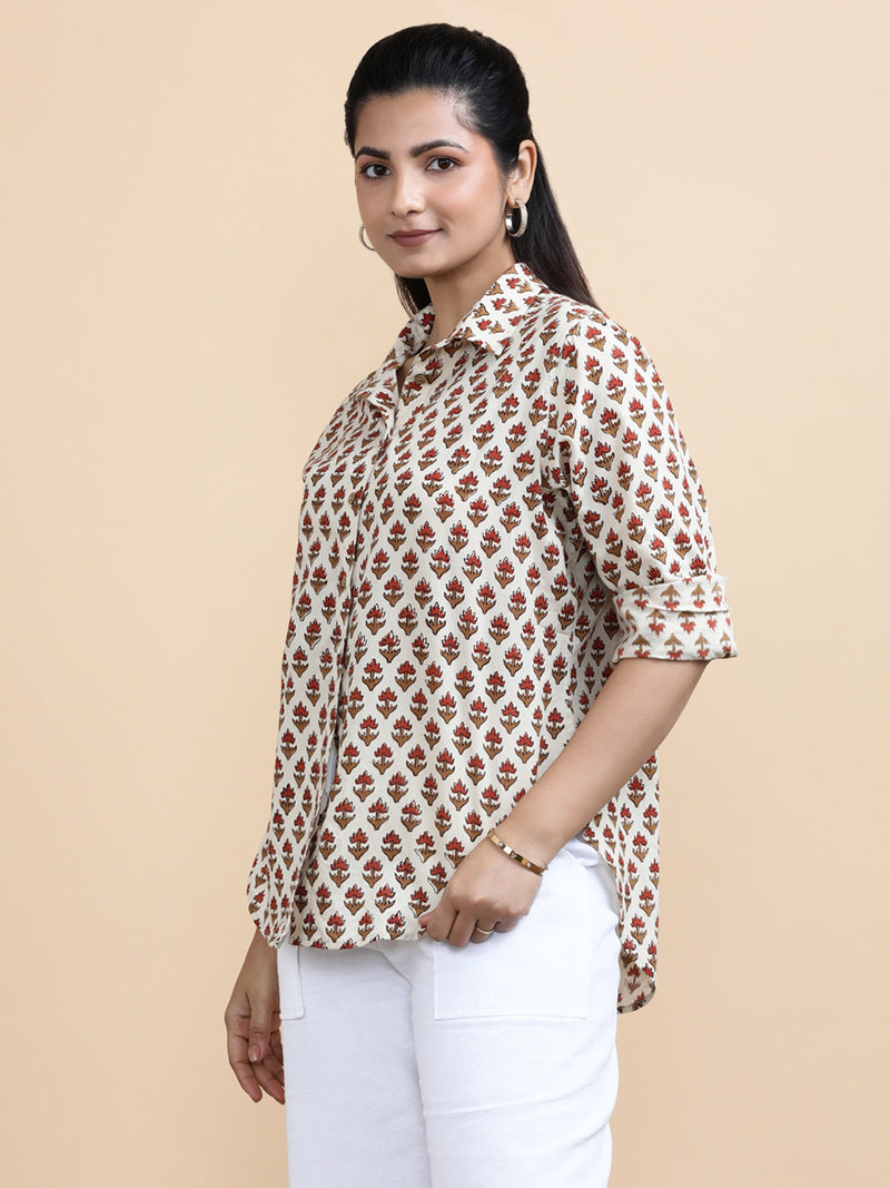 Hazel x Soma | Relaxed Women's Shirt in Tulip Bloom Cream Block Print Cotton-Binks